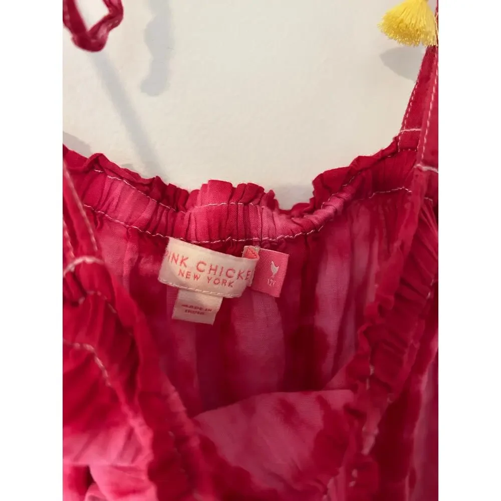 Pink Chicken New York 12Y Tie Shoulders Pink Yellow Tie Dye Dress 100% Cotton